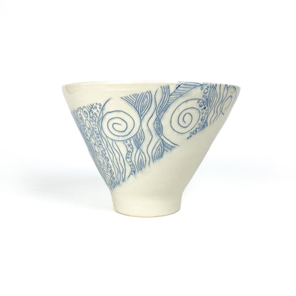 Tall Carved Blue & White Bowl